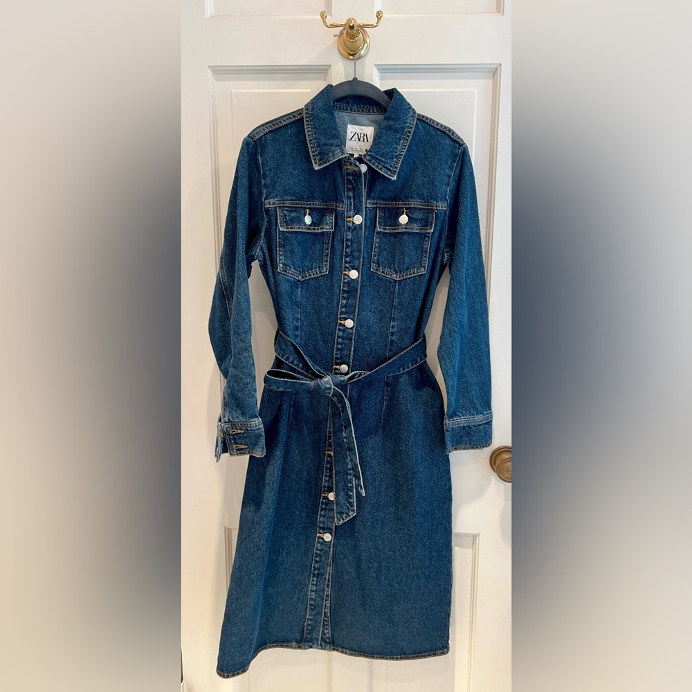 Zara Denim Shirt Dress Belted Button Front Midi NWT Size M